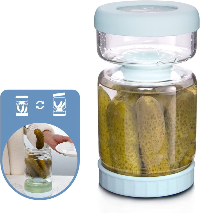 WhiteRhino Pickle Jar with Strainer Flip,34oz Pickle Container Pickle and Olive Hourglass Jar,Glass Flip Pickle Jar Juice Separator Jar with Airtight Lid for Jalapeno Gherkin - Blue Pickle Jar / 1000ml