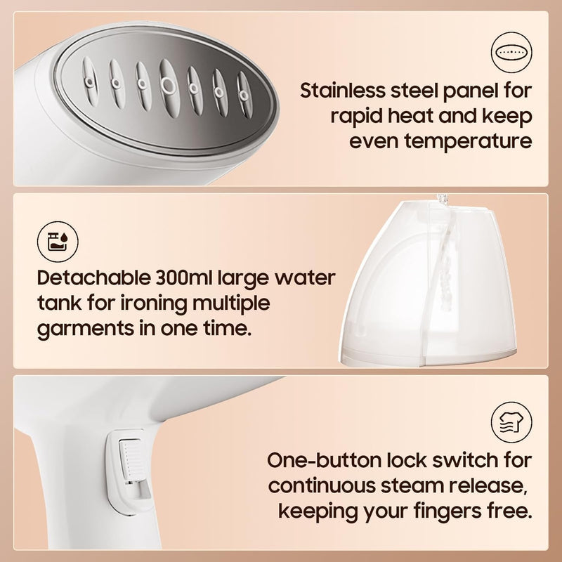 Sunfee Clothes Steamer, Handheld Garment Steamer 1500W 300ml Travel Steam Vertical Strong Steam Iron Auto Cut-Off Powerful For Home, Office & Travel