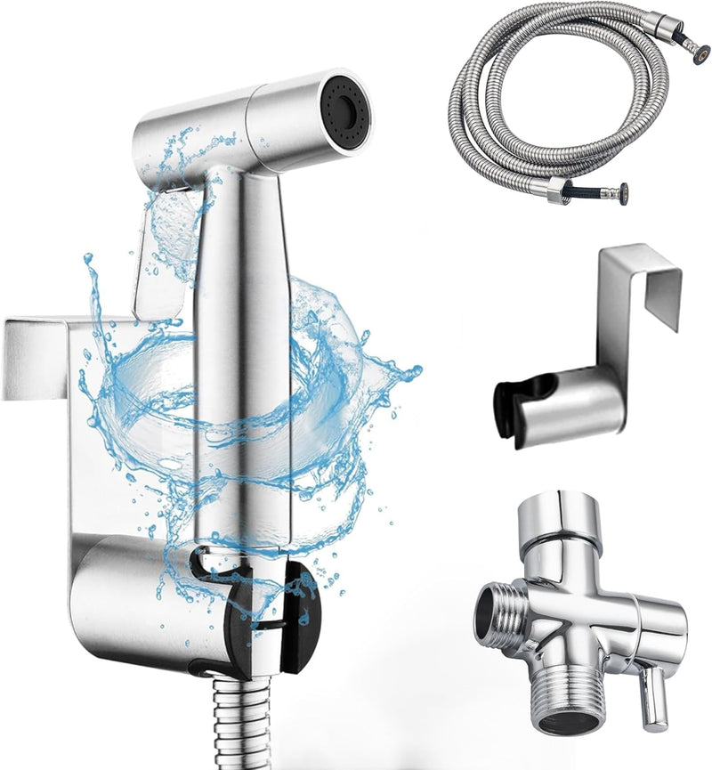 Brushed Nickel Handheld Bidet Sprayer for Toilet, Premium Stainless Steel Bathroom Bidet Sprayer Set, Baby Cloth Diaper Sprayer with Complete Bidet Spray Hoses Kit, Support Wall or Toilet Mount