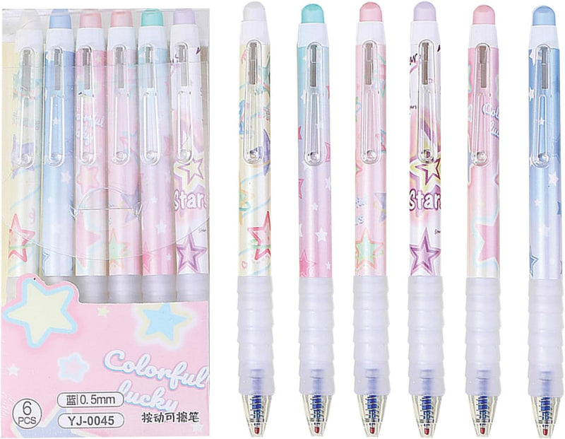 MOZXIRZ 6 Pcs Erasable Gel Ink Retractable Pens 0.5mm Blue Ink for Office School - Cute Aesthetic for Women Girls (Blue Ink-Stars) - Blue Ink-Stars