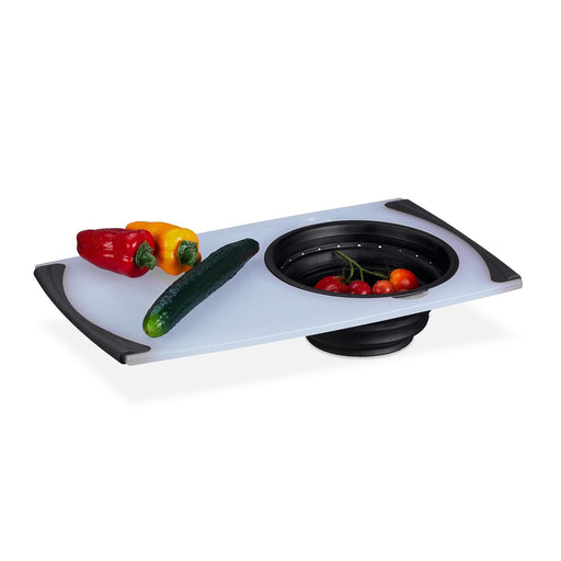 Relaxdays Chopping Board with Colander, Plastic 50 x 29 cm, Cutting Mat with Collapsible Sieve, Kitchen, White/Black, 50%