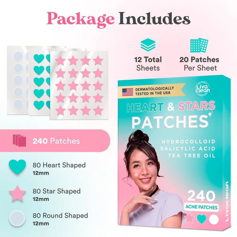LivaClean Star Pimple Patches for Face w/Hydrocolloid, Salicylic Acid & Tea Tree, 240 Patches, Hydrocolloid Acne Patch, Cute Star Pimple Patch for Healing Stickers Zit Superstar