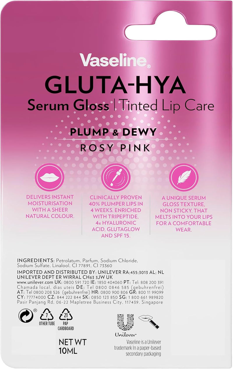Gluta-Hya Serum Gloss Tinted Lip Care Rosy Pink Hyaluronic Acid & Glutathione for Plump Dewy Lips Instant Moisturisation, SPF 15, Non-Sticky 10 ml