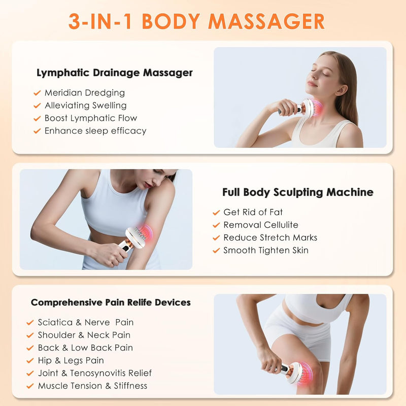 4-in-1 Lymphatic Drainage Massager Anti Cellulite Body Sculpting Device Red Light Heat Vibration, Reduce Cellulite Stretch Marks Fat, for Belly Legs Arms Stomach Pain Relief