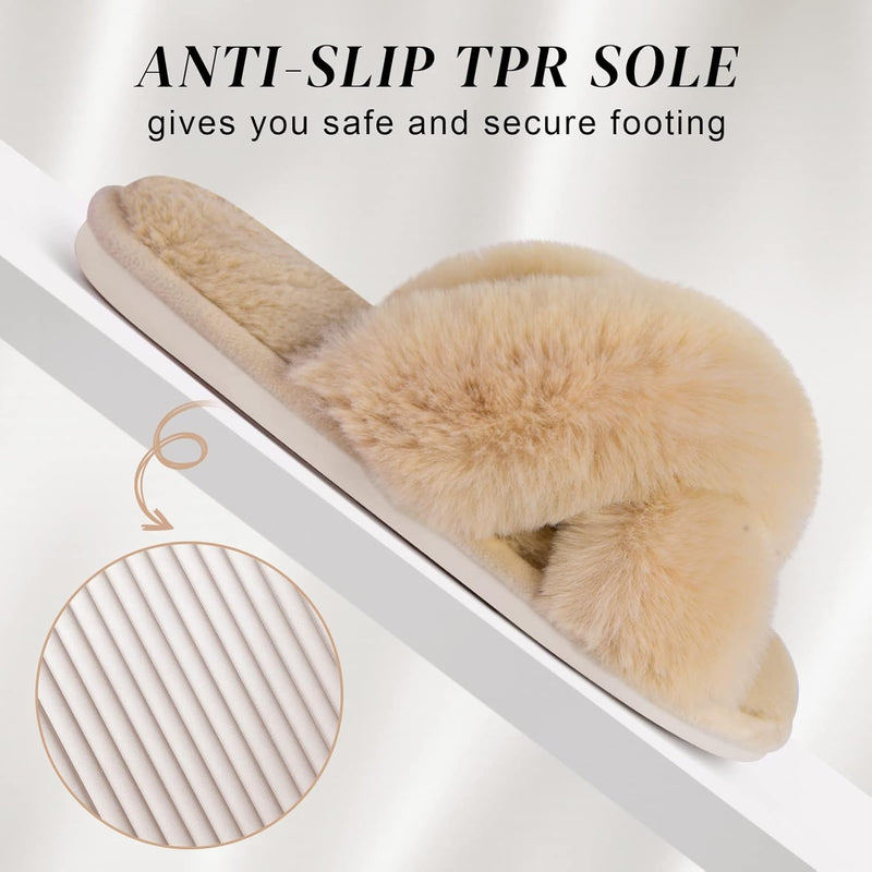 Women's Cross Band Slippers Soft Plush Furry Cozy Open Toe House Shoes Indoor Outdoor Faux Rabbit Fur Warm Comfy Slip On Breathable