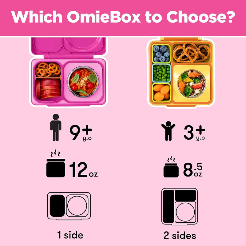 OmieBox UP bento Box for Kids Insulated Lunch Box Leak Proof Vacuum Insulated Thermal Food jar Cooler ice Pack 2 Compartments (Pop Pink)