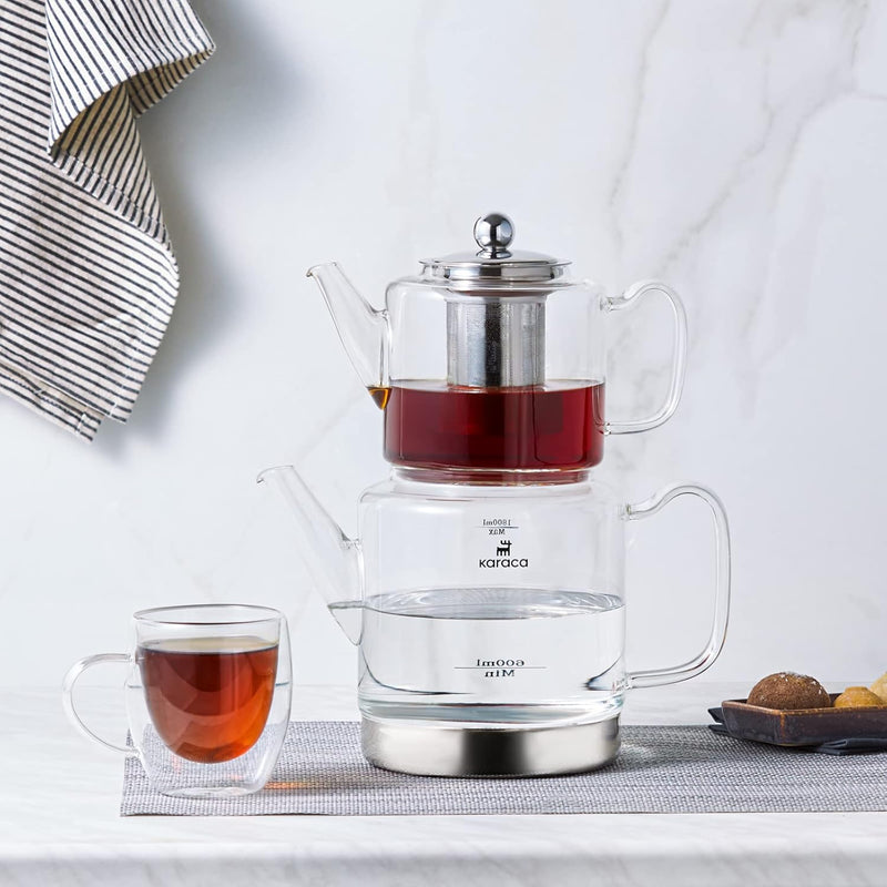 KARACA Dora Glass Teapot Set, 1 L/33 oz, 2 L/66 oz Silver, Transparent, Tea Maker, Kettle, Turkish Tea Kettle