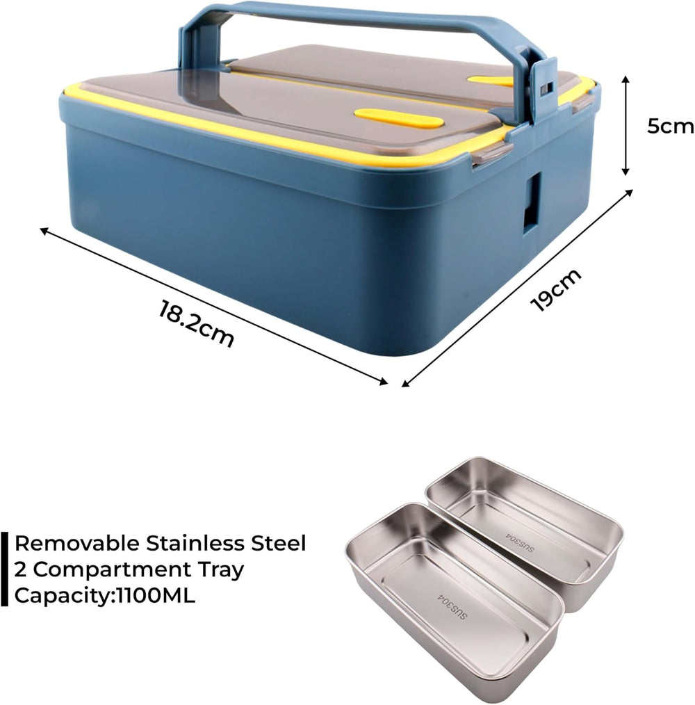 Lunch Box with 2 Compartments Stainless Steel Removable Inner Tray - BPA Free, Leak Proof Bento Lunch Box for Kids Adults - Airtight Food Container (With Handle, Blue)