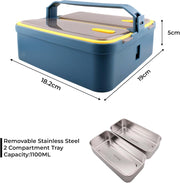 Lunch Box with 2 Compartments Stainless Steel Removable Inner Tray - BPA Free, Leak Proof Bento Lunch Box for Kids Adults - Airtight Food Container (With Handle, Blue)
