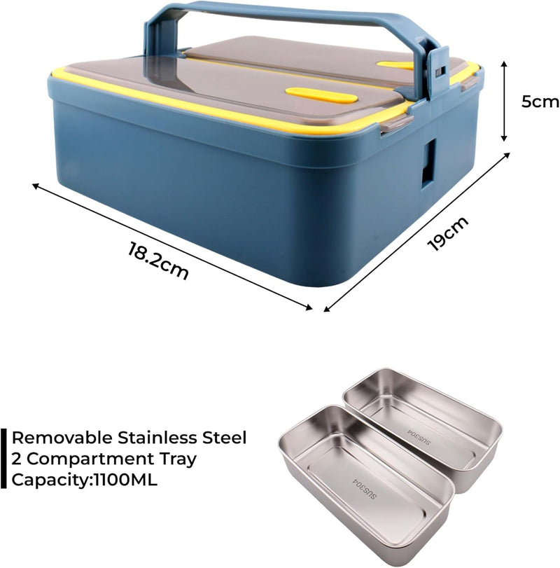 Lunch Box with 2 Compartments Stainless Steel Removable Inner Tray - BPA Free, Leak Proof Bento Lunch Box for Kids Adults - Airtight Food Container (With Handle, Blue)