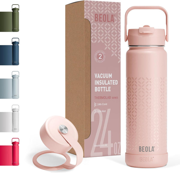 750ml Water Bottle 18/8 Stainless Steel 304 Double Wall Insulated thermo Bottle with Straw Lid and wide mouth, 2 lids included, Hot Cold Liquids Sports Bottle, 25oz (Sage Mist) - Blush Pink