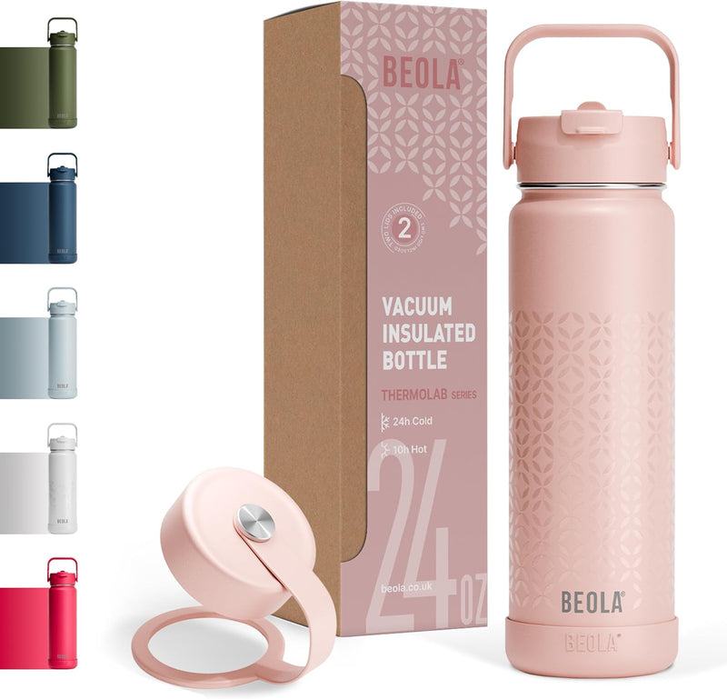 750ml Water Bottle 18/8 Stainless Steel 304 Double Wall Insulated thermo Bottle with Straw Lid and wide mouth, 2 lids included, Hot Cold Liquids Sports Bottle, 24oz (Raspberry) - Blush Pink