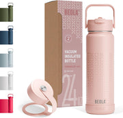750ml Water Bottle 18/8 Stainless Steel 304 Double Wall Insulated Thermo Bottle with Straw Lid and wide mouth, 2 lids included, Hot Cold Liquids Sports Bottle, 25oz (Sailor Blue) - Blush Pink