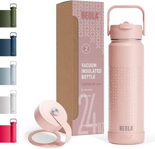 750ml Water Bottle 18/8 Stainless Steel 304 Double Wall Insulated Thermo Bottle with Straw Lid and wide mouth, 2 lids included, Hot Cold Liquids Sports Bottle, 25oz (Sailor Blue) - Blush Pink