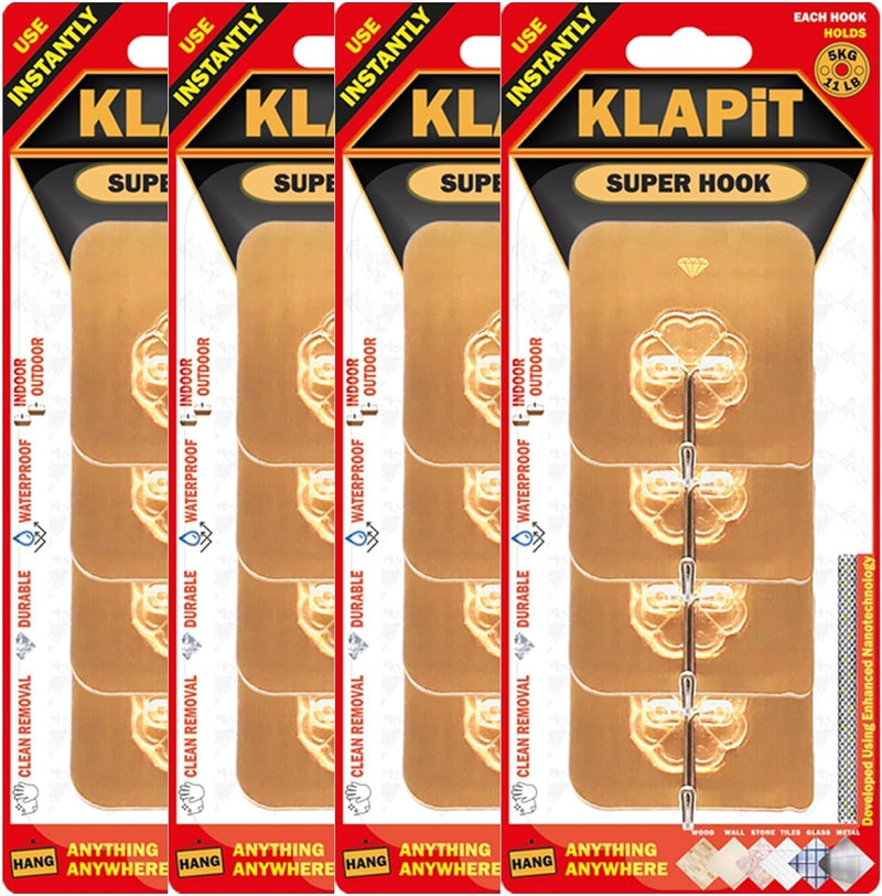 KLAPiT Super Hook Heavy Duty Adhesive, Holds 11 Pounds or 5Kg Weight, Waterproof and Damage Free for Wall, Tile, Wood, Stone, Glass, Metal, Made of Steel (Clear, 4 pc) - 16 pc Gold