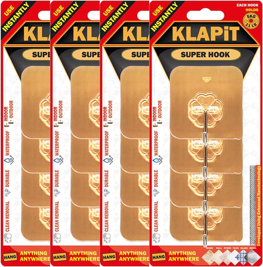 KLAPiT Super Hook Heavy Duty Adhesive, Holds 11 Pounds or 5Kg Weight, Waterproof and Damage Free for Wall, Tile, Wood, Stone, Glass, Metal, Made of Steel (Clear, 4 pc) - 16 pc Gold