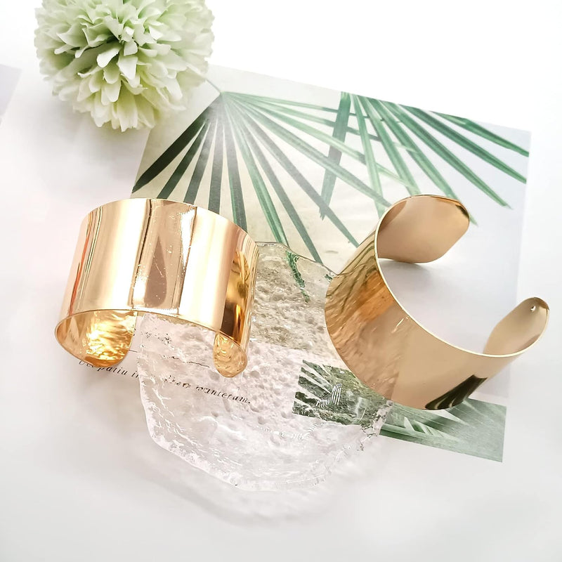 2pcs Gold Cuff Bracelets, Chunky Bracelet for Women, Opening Bracelets, High-Grade Metal Bracelet, C-Shaped Adjustable Polished, Daily Versatile for Women, Open Wide Wire Bangle Bracelets