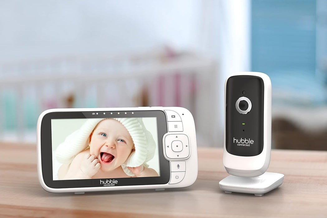 Hubble Nursery View Premium 5 Inch Video Baby Monitor with Room Temperature Sensor, Two Way Talk, Digital Zoom, Soothing Nature Sounds - White