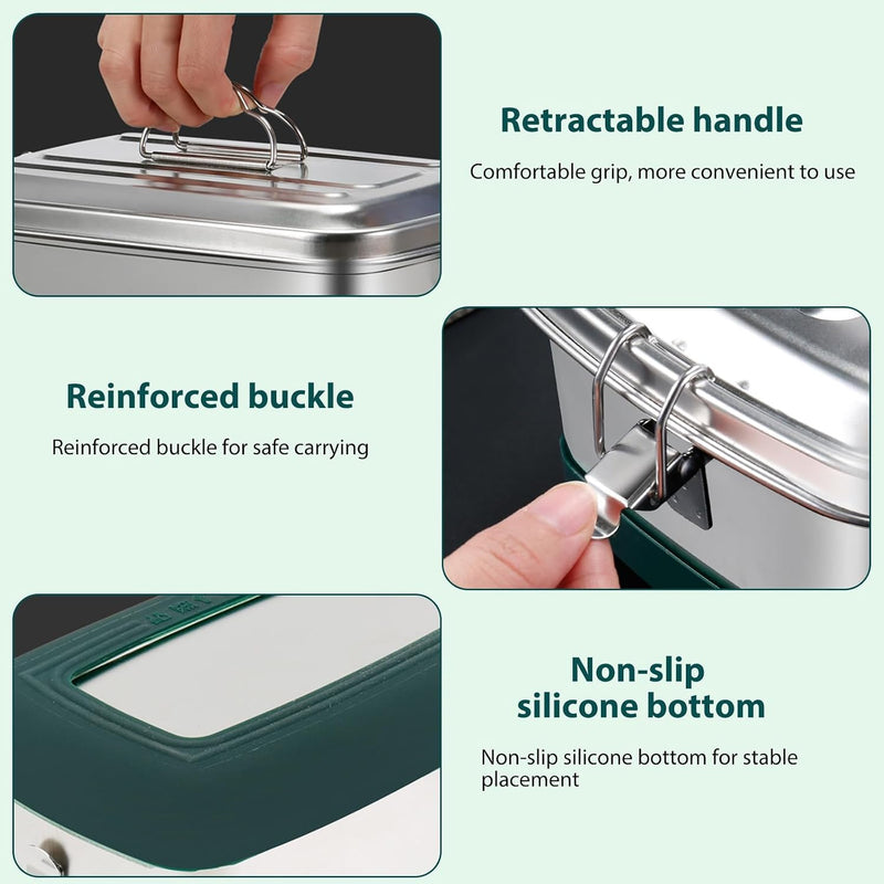 Stainless Steel Lunch Box 2L - Leakproof 2 Layers Bento Box with 3 Compartments, Portable Metal Lunchbox for Adults & Kids, Durable, Eco-Friendly, BPA-Free Food Container for School, Work, Picnic