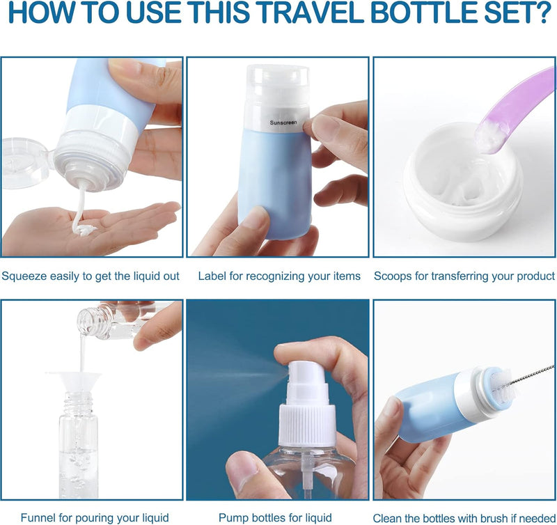 Travel Bottles for Toiletries - 16 Pcs Silicone Travel Size Containers - TSA Approved, Squeezable and Leak Proof Travel Accessories, BPA Free Refillable Bottles for Cosmetic Shampoo Conditioner Lotion