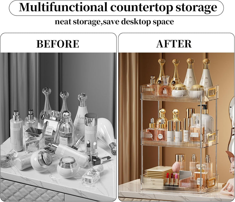 U-HOOME Bathroom Organizer Countertop, Clear Makeup Desk Organzier for Dressing Table, Bathroom Vanity Countertop, 2-Tier Vanity Tray Shelf for Cosmetic, Lotions, Perfume and Toiletries (Clear)