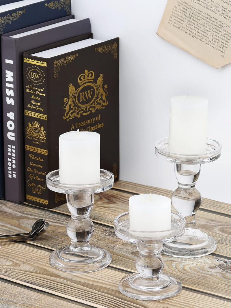 Lewondr Glass Candle Holders, 3 Pieces Crystal Clear Candlesticks with Elegant Design for Pillar Taper Candle and Tea Light, Home Table Living Room Wedding Party Decorations Home Décor - Clear