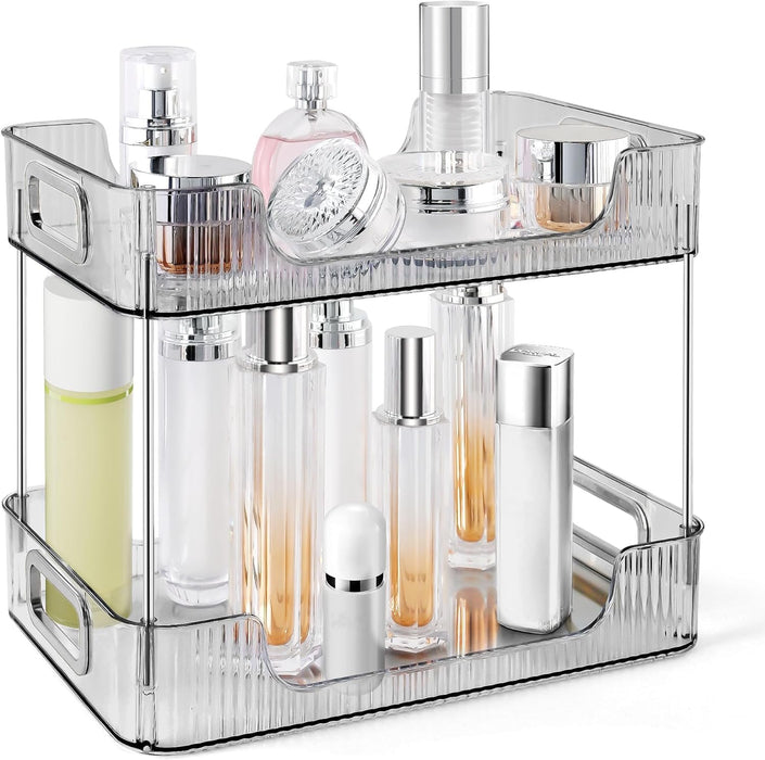 U-HOOME Bathroom Organizer Countertop, Clear Makeup Desk Organzier for Dressing Table, Bathroom Vanity Countertop, 2-Tier Vanity Tray Shelf for Cosmetic, Lotions, Perfume and Toiletries (Clear)