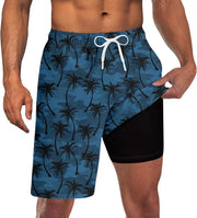 Men Swim Trunks with Compression Liner 9 Inch Long Board Shorts - A1 Deep Grey Blue