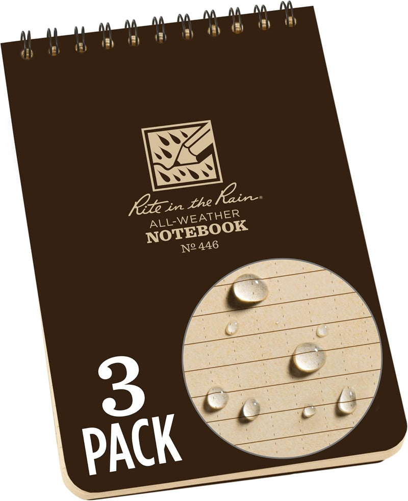 Rite In The Rain Weatherproof Top Spiral Notebook, 10.2 cm x 15.2 cm, Green Cover, Universal Pattern, 3 Pack (No. 946-3) - 3 Pack Brown