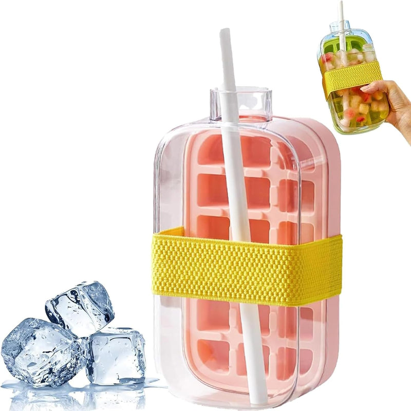 2-in-1 Ice Cube Tray Water Bottle with Straw & Leak-Proof Lid - Touch-Free Press Release Silicone Ice Cube Molds, Reusable Portable Ice Maker for Coffee, Juice, Beverages (White - 500ml) - Pink - 800ml