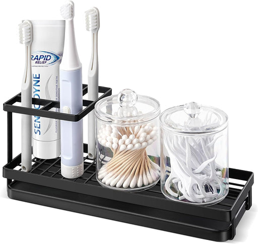 MYITYARD Toothbrush Holder for Bathroom, Metal Countertop Electric Toothbrush Holder with Toothpaste Holder and Cup Storage Organizer, Bathroom Accessories Removable Drain Tray, Black - Black