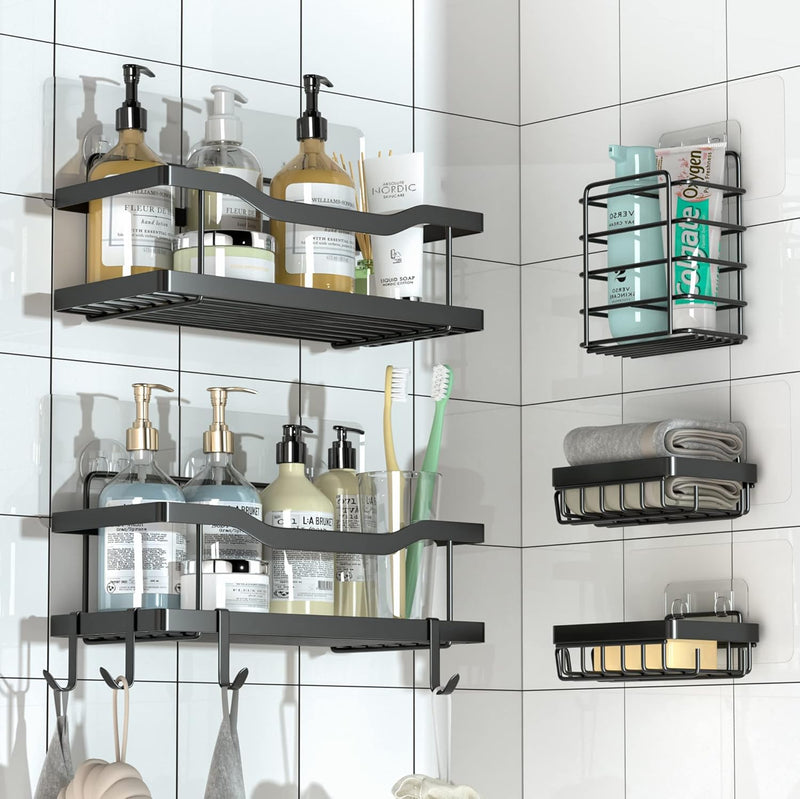 Mtanvxay 5-Pack Shower Caddy, Adhesive Bathroom Organizer, No Drilling, Large Capacity, Rustproof Stainless Steel Bathroom Shower Organizer with 4 Hooks, Shower Shelf for Inside Shower Tiokkss Black