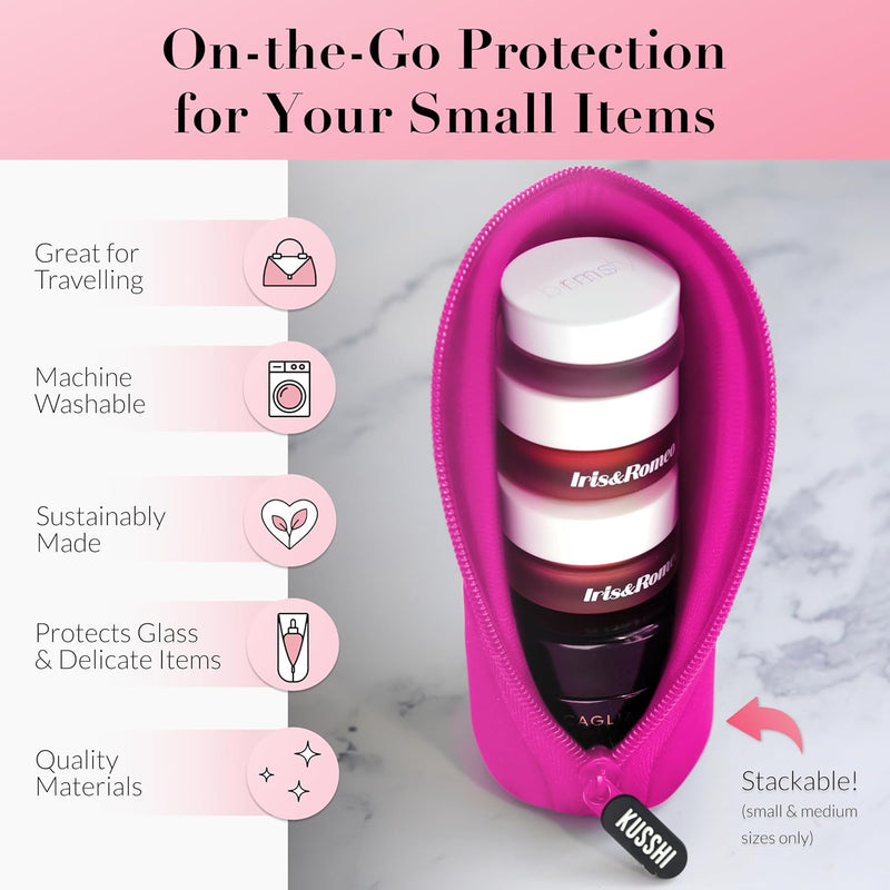 KUSSHI Glass Bottle Protector for Travel - Neoprene Small Pouches for Purse with Zipper - Holds Foundations, Serums, Perfumes & Delicate Bottles - Small Purse Pouch & Mini Makeup Pouch (Size S, Pink)