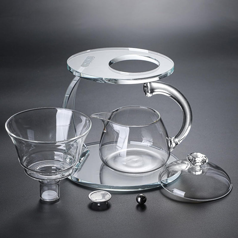 Unbreakable Glass Teapot Set, 340ml Semi-Automatic Rotating Kungfu Tea Pot with Infuser, Borosilicate Glass Drip Teapot for Home, Tea House, Restaurant, Chinese Tea Ceremony
