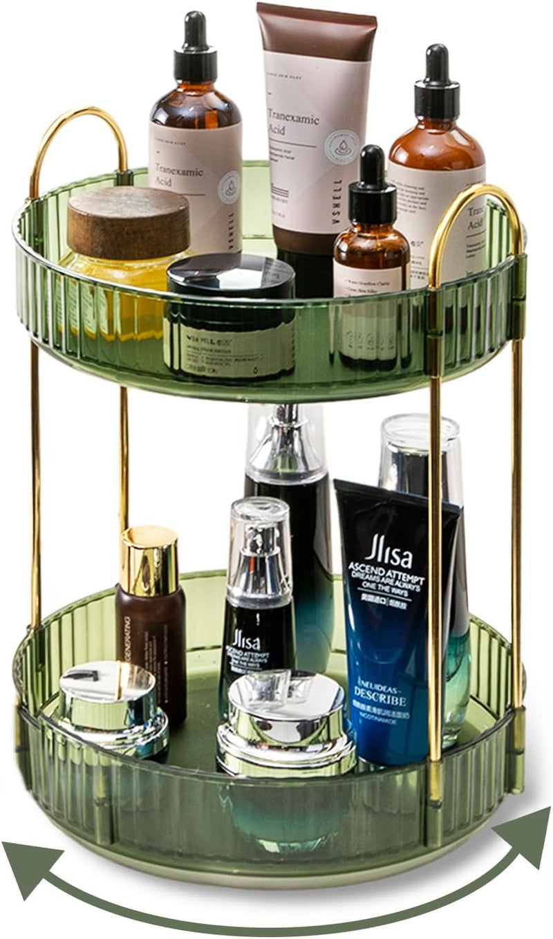 360 Rotating Makeup Organizer, 2-Tier Green Modern Minimalist Countertop Caddy for Cosmetics, Skincare & Perfume - Green 2 Tier