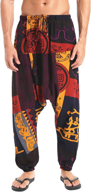 Mens Cotton Linen Harem Pants Elastic Waist Baggy Hippie Yoga Pants - Orange