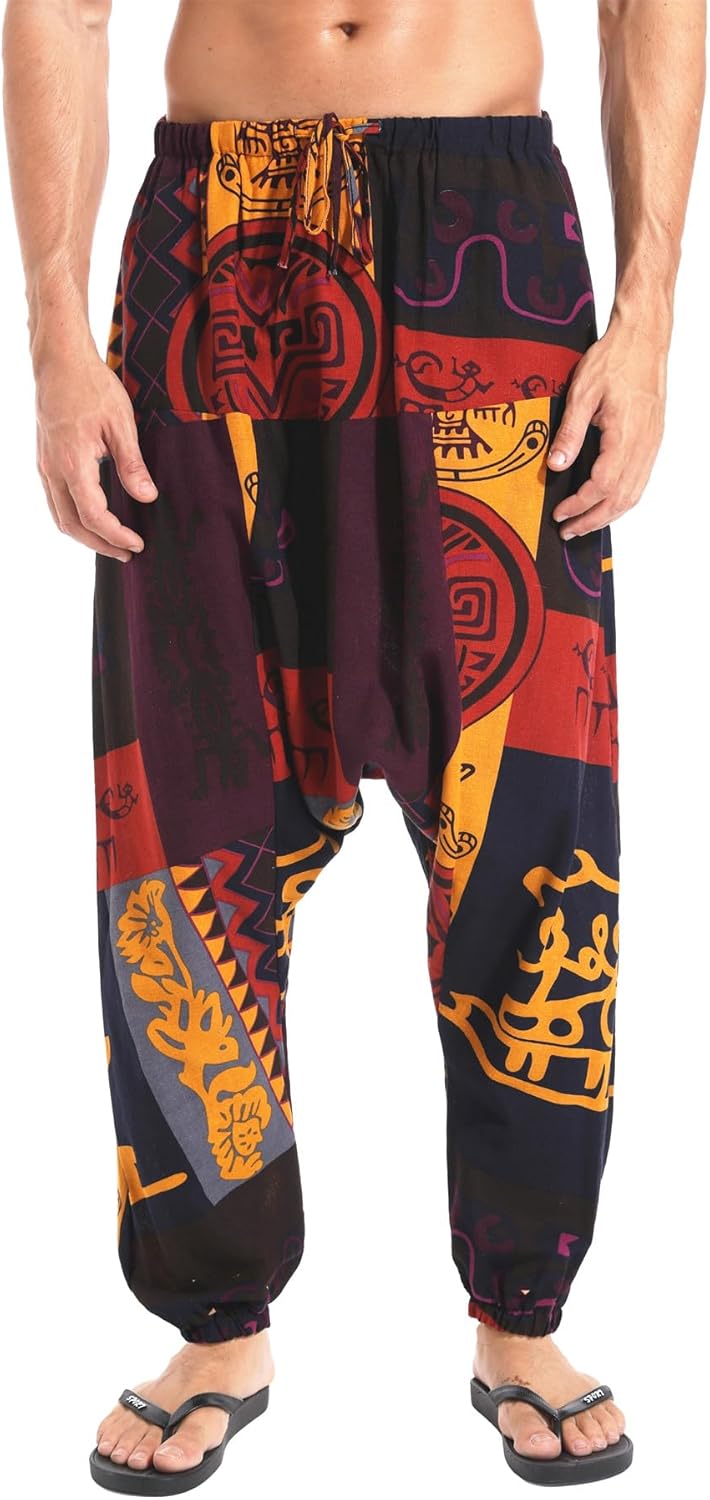 Mens Cotton Linen Harem Pants Elastic Waist Baggy Hippie Yoga Pants - Orange