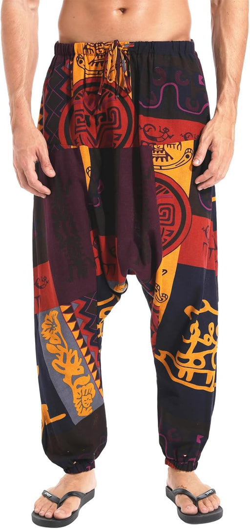 Mens Cotton Linen Harem Pants Elastic Waist Baggy Hippie Yoga Pants - Orange
