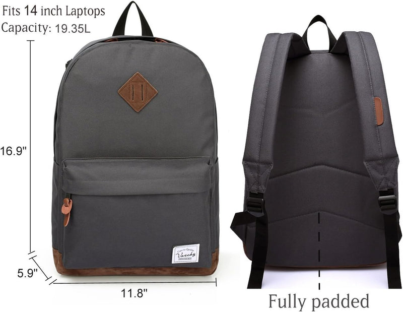VASCHY Men's Backpack, Women's Waterproof School Bag, Boy Girl Computer 15.6 Inch Vintage for School, College, Work, Travel, Leisure
