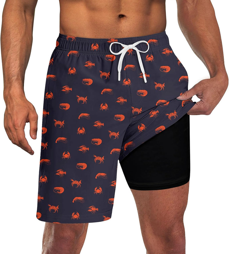 Men Swim Trunks with Compression Liner 9 Inch Long Board Shorts - A2 Deep Grey Red
