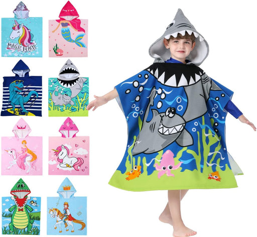Soft Microfiber Swim Towel with Hood for Bath and Beach, for Kids Ages 3-10, Dinosaur 2 - Shark Fits 3-10 years