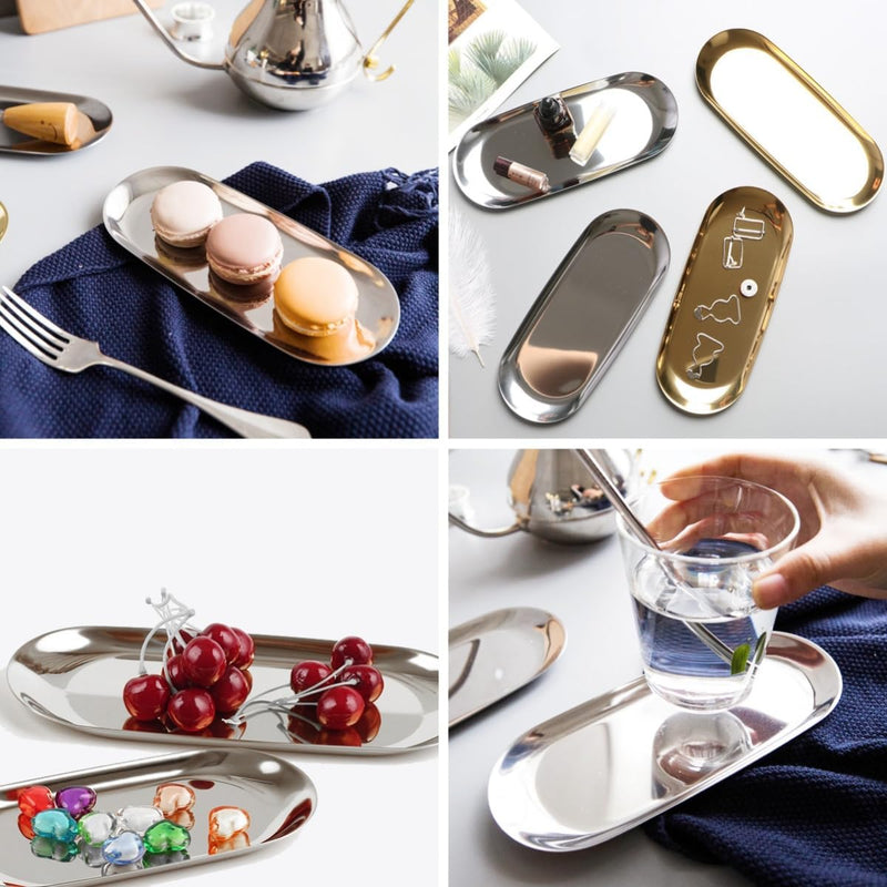 Fermus Stainless Steel Decorative Tray, Set of 2, 9 Inch Long, Jewelry Dish Cosmetics Organizer Bathroom Clutter Serving Platter Small Storage Tray, Oval, Gold