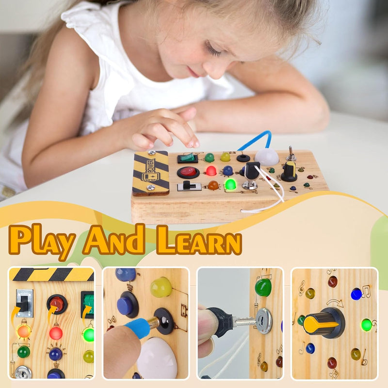 Hoarosall Montessori toys Clock Wooden Busy Board with 11 LED Light switches, Tooddler Toys Sensory Toys Travel Toys for 1+ Year Old Baby and Toddler