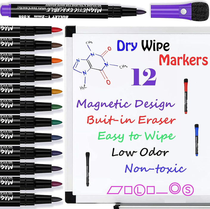 NALACAL Whiteboard Markers, Dry Wipe Pens, White Board Markers Erasable White Board Pens Colour, Magnetic Whiteboard Pens with Eraser, Thin Dry Erase Marker Fine Point, Teacher Supplies(12 Pack)