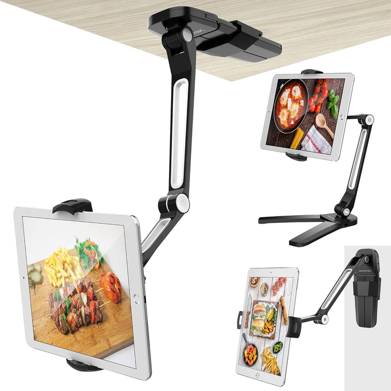AboveTEK Kitchen Tablet Stand HIGHFlex 360 Superior Strength Portable 4.7 to 13.5 Inch Universal Tablet Stand & Phone Holder for Kitchen, Counter & Wall 4 PT Wobble Free Mount (Black) - Black
