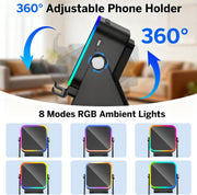 Wireless Induction Speaker 5-in-1 Bluetooth Speaker with Phone Stand,Stereo Sound, 5000mAh Rechargeable, 8 RGB Ambient Light, 360 Adjustable Holder for iPhone/Android/iPad,Gifts for Men Women