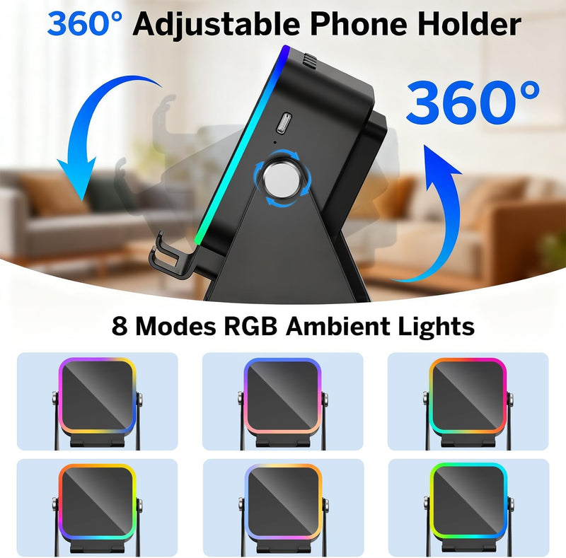 Wireless Induction Speaker 5-in-1 Bluetooth Speaker with Phone Stand,Stereo Sound, 5000mAh Rechargeable, 8 RGB Ambient Light, 360 Adjustable Holder for iPhone/Android/iPad,Gifts for Men Women