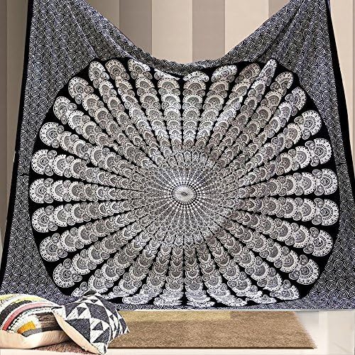 Bless International, Indian Wall Hanging Psychedelic Hippie Bohemian Peacock Mandala Tapestry Bed Sheet Gold Pink Blue King 225x265cm