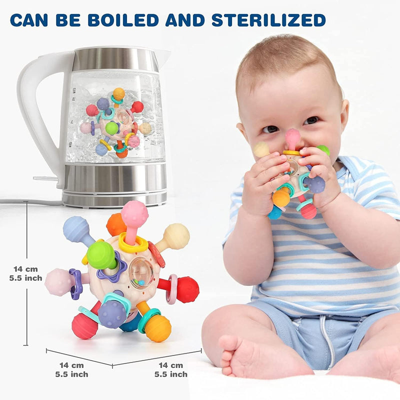 AM ANNA Baby Teething Toys 0-6 Months, Silicone Pull String Interactive 3 in 1 Baby Rattle Activity Ball, Baby Sensory Chew Toys for Boys & Girls