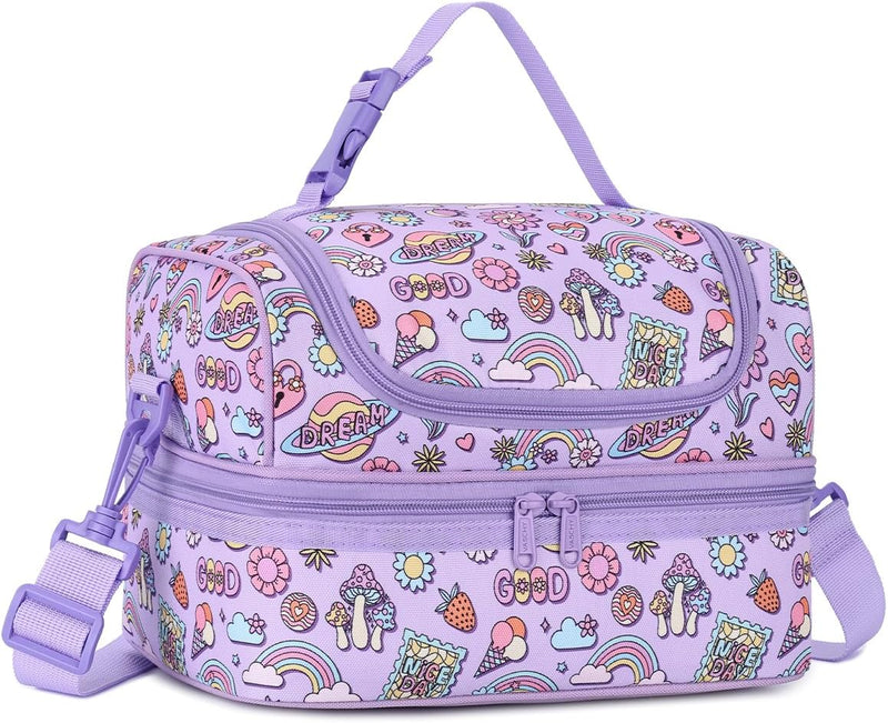 VASCHY Lunch Box Bag Men, Insulated Two Compartments Bento Cooler Bags for Adults/Women/Kids for School,Daycare,Kindergarten,Picnic Black - Rainbow Purple